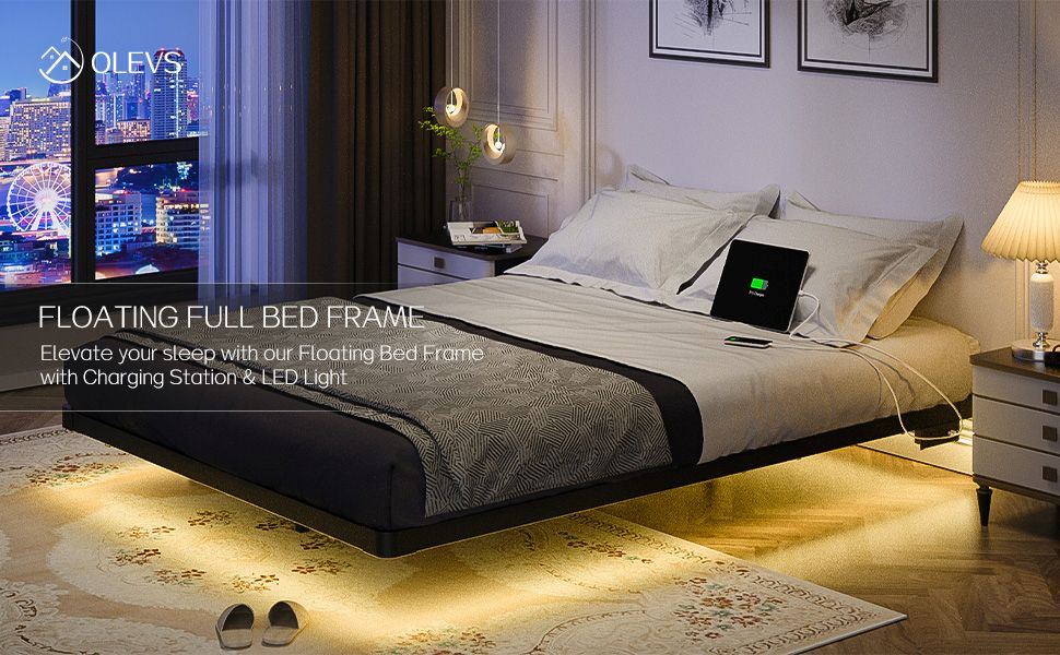 Bed Floating with lights below.